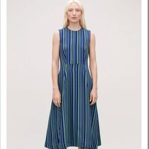 COS Sleeveless A-Line Dress Blue Green Stripe Pleated Size 6